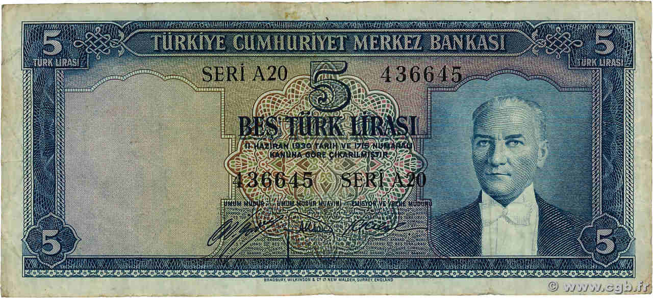 5 Lira TURQUIE  1952 P.154a TB