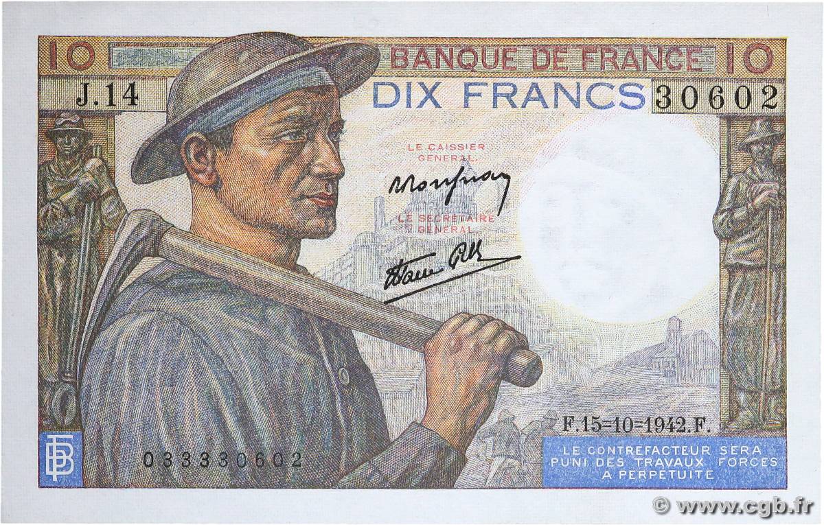 10 Francs MINEUR FRANCE  1942 F.08.04 AU