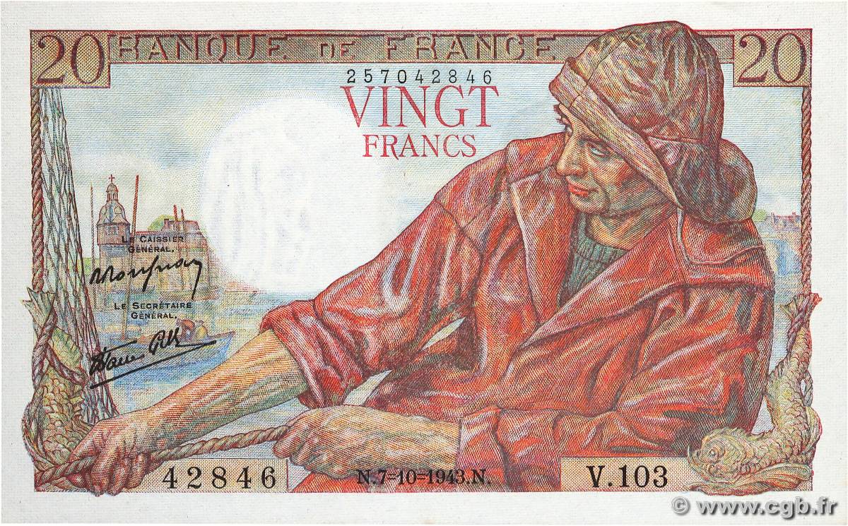 20 Francs PÊCHEUR FRANCE  1943 F.13.07 UNC-