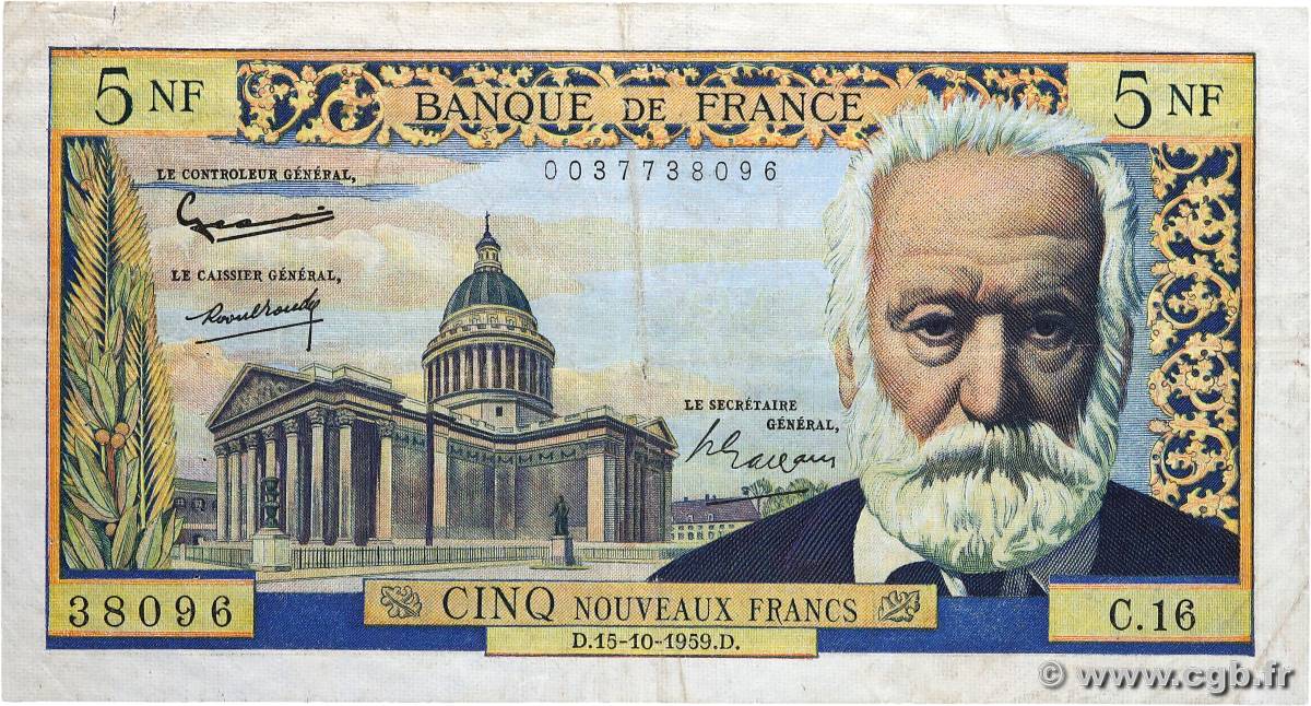 5 Nouveaux Francs VICTOR HUGO FRANCE  1959 F.56.03 TB