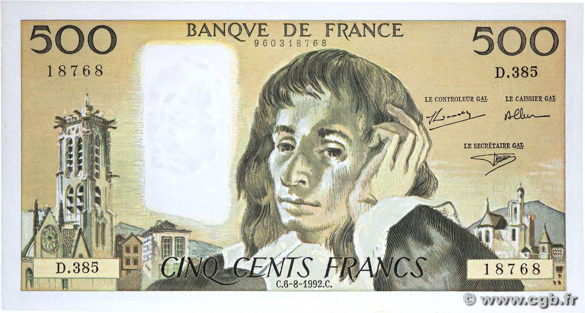 500 Francs PASCAL FRANCE  1992 F.71.50 UNC-