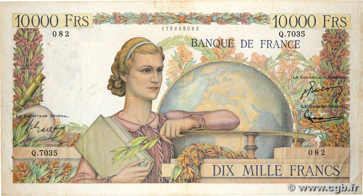 10000 Francs GÉNIE FRANÇAIS FRANCIA  1954 F.50.71 q.BB