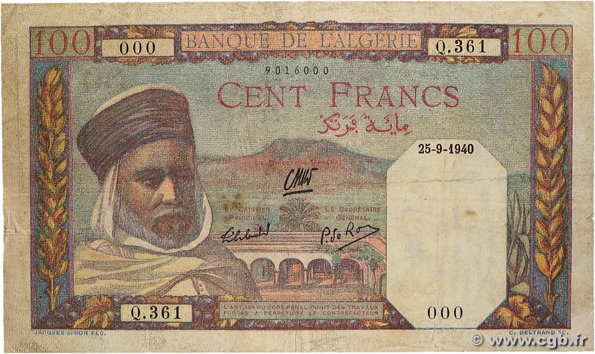 100 Francs Numéro spécial ALGÉRIE  1940 P.085 TB