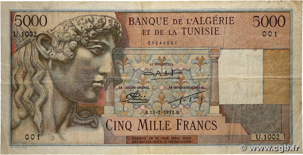 5000 Francs Numéro spécial ALGÉRIE  1952 P.109b TB