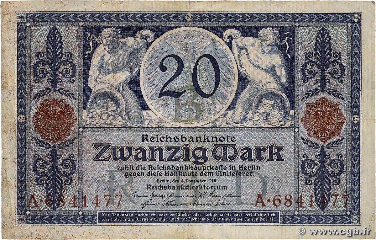 20 Mark GERMANY  1915 P.063 F+