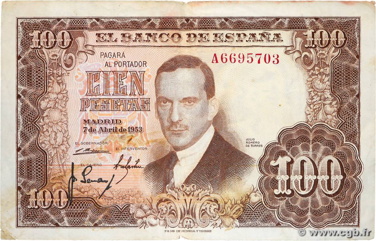 100 Pesetas ESPAGNE  1953 P.145 TB+