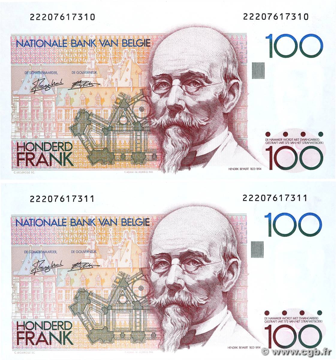 100 Francs Consécutifs BELGIEN  1982 P.142a ST