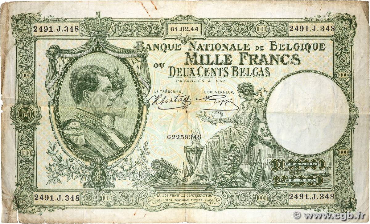 1000 Francs - 200 Belgas BELGIUM  1944 P.110 VG