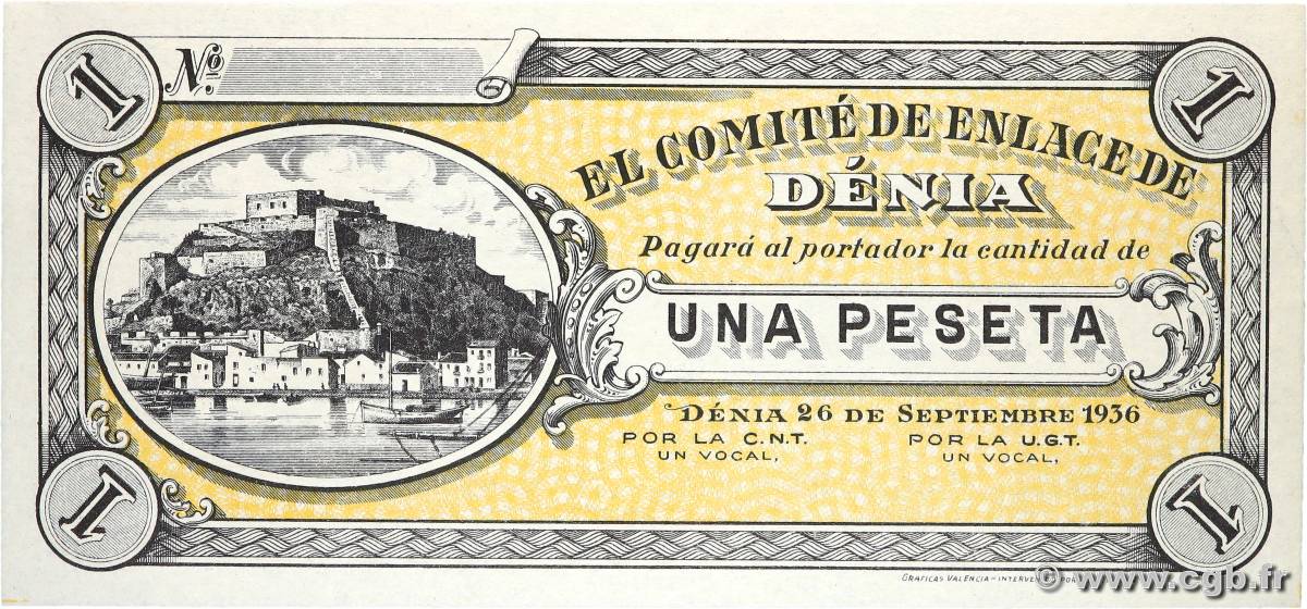 1 Peseta ESPAGNE Denia 1936 P.- NEUF