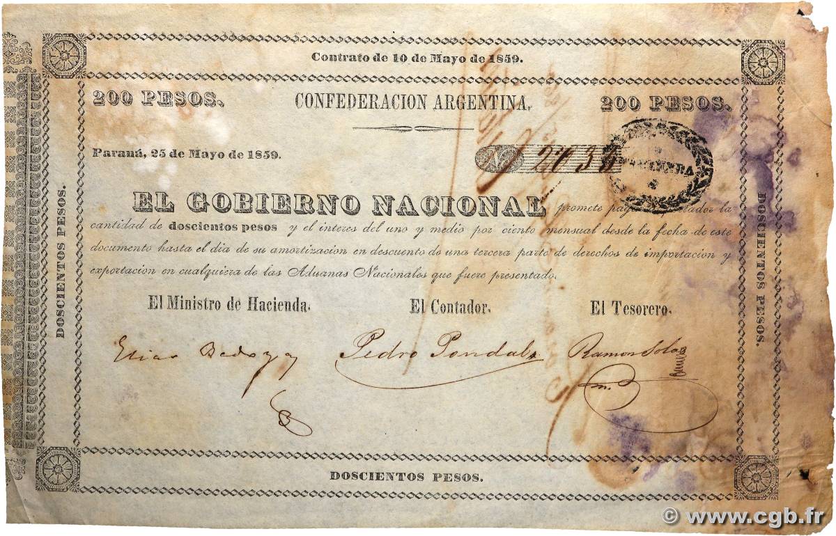 200 Pesos ARGENTINE  1859 PS.0205 pr.TTB