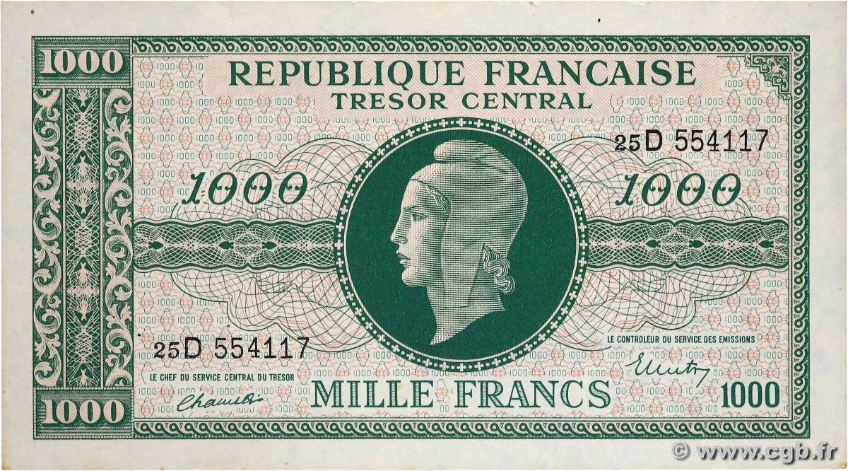 1000 Francs MARIANNE THOMAS DE LA RUE FRANCE  1945 VF.13.01 XF+