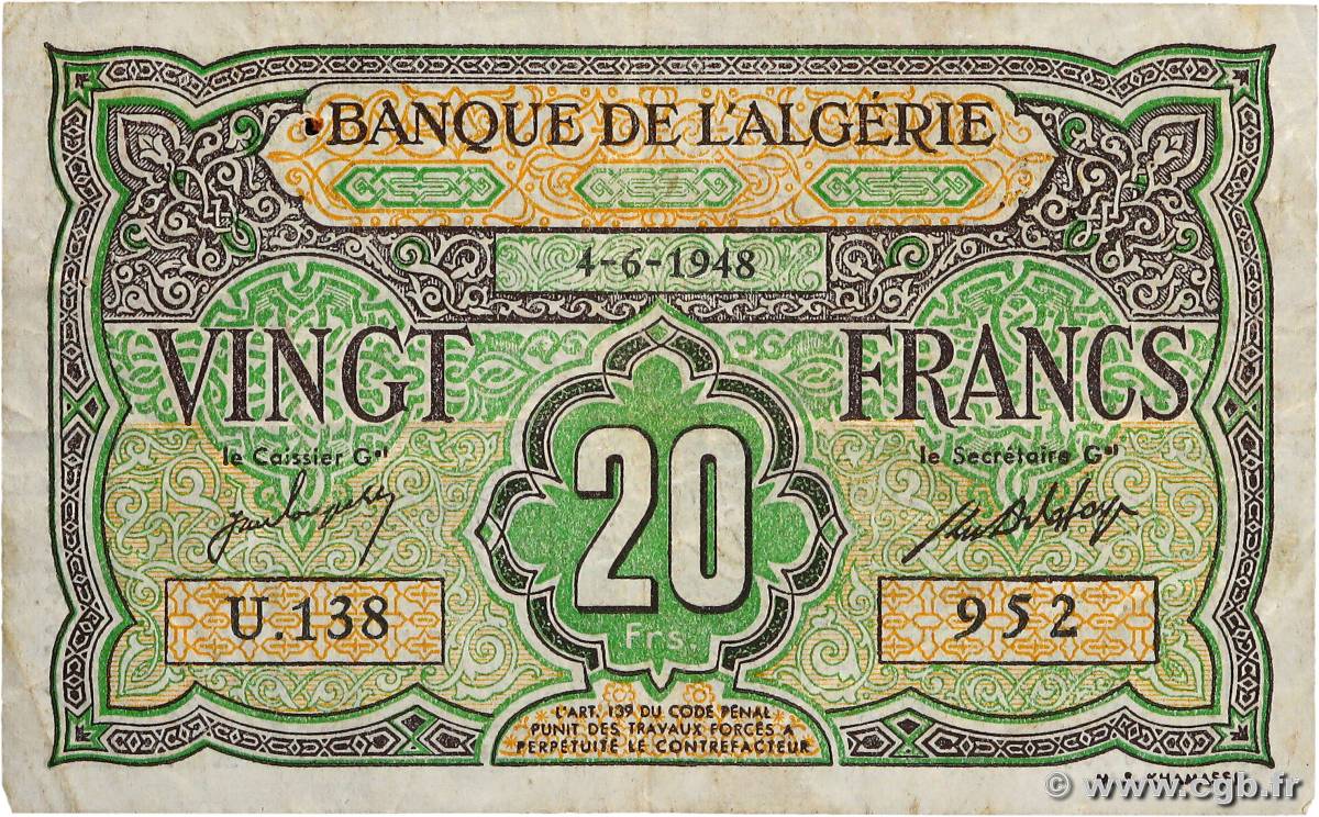 20 Francs ALGERIEN  1948 P.103 S