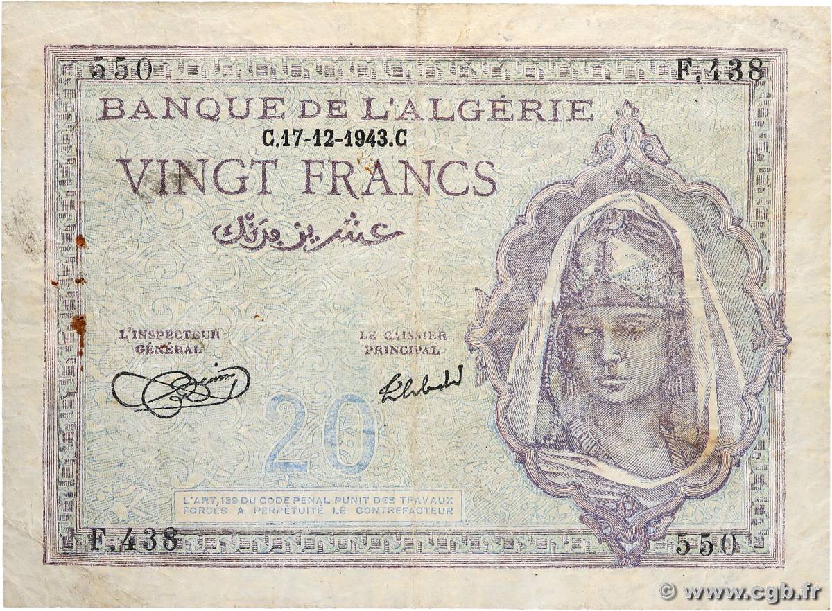 20 Francs ALGÉRIE  1943 P.092a TB