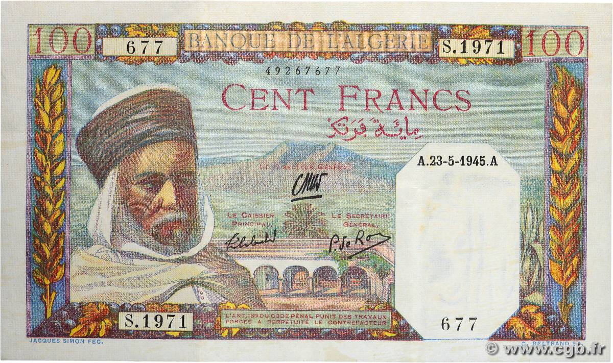100 Francs ALGERIA  1945 P.085 XF