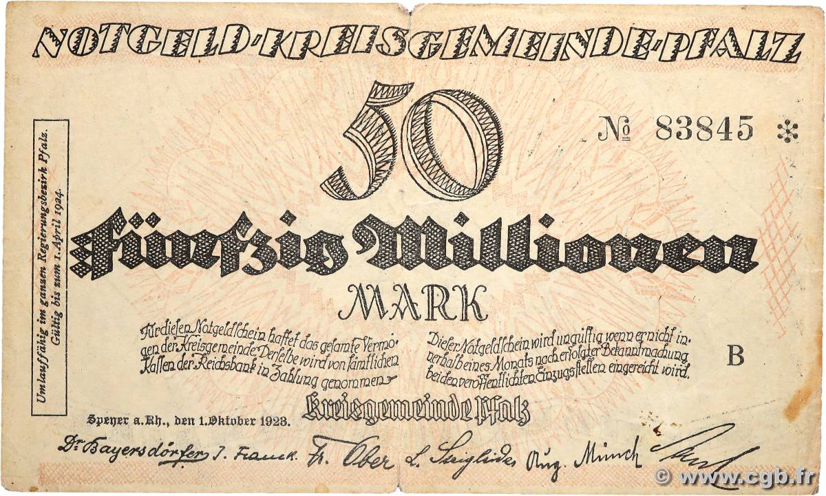 50 Millionen Mark ALLEMAGNE Pfalz 1923 K.4286b TTB