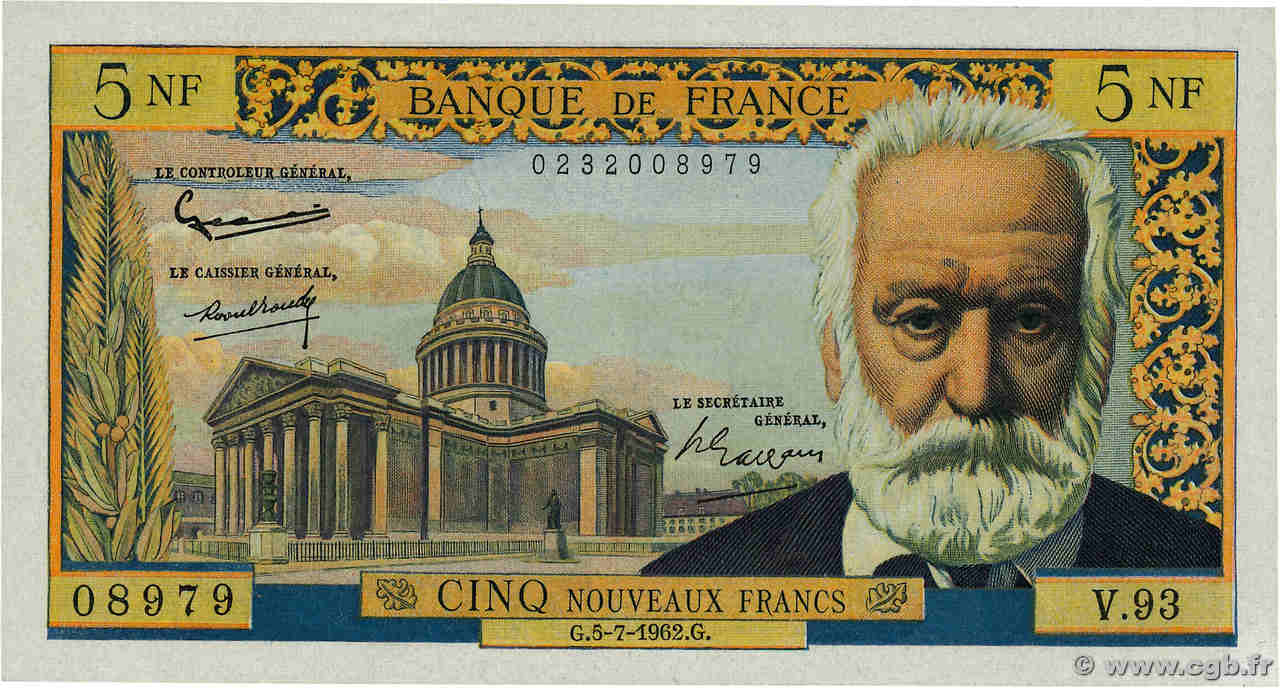 5 Nouveaux Francs VICTOR HUGO FRANCIA  1962 F.56.12 AU+
