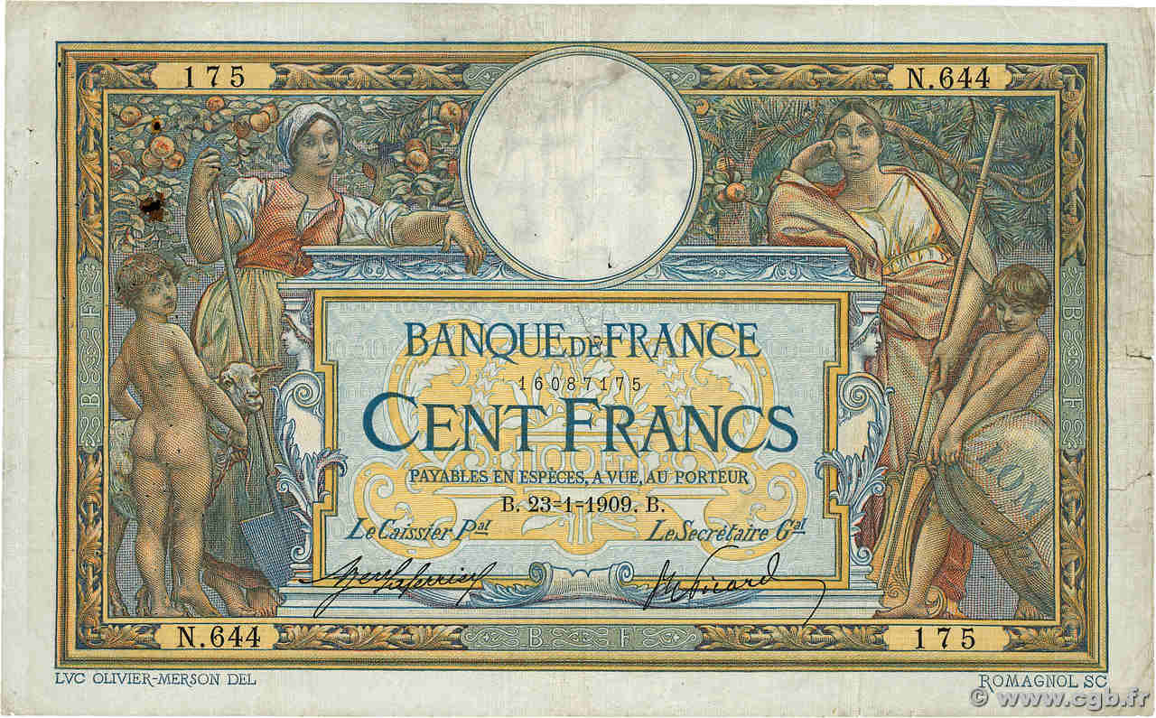 100 Francs LUC OLIVIER MERSON avec LOM FRANCE  1909 F.22.02 TB