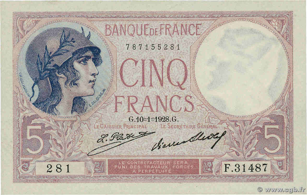 5 Francs FEMME CASQUÉE FRANCE  1928 F.03.12 pr.NEUF