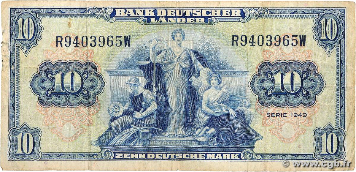 10 Deutsche Mark GERMAN FEDERAL REPUBLIC  1949 P.16a F