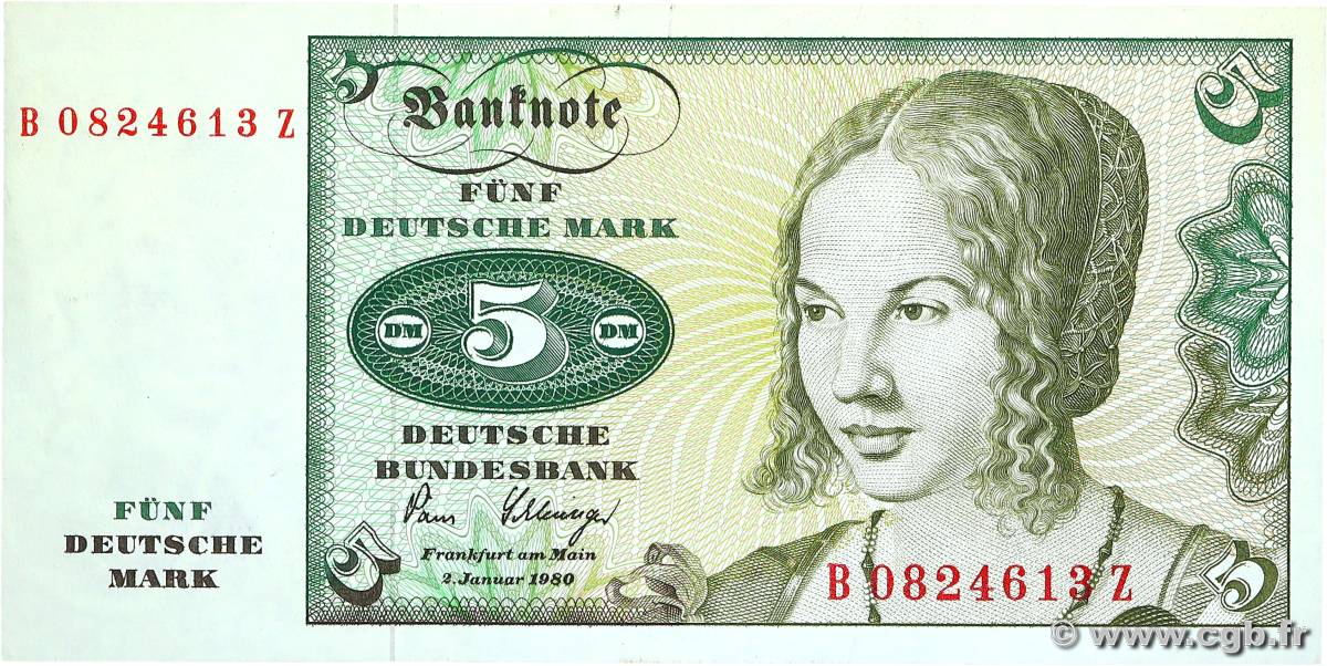 5 Deutsche Mark GERMAN FEDERAL REPUBLIC  1980 P.30b XF