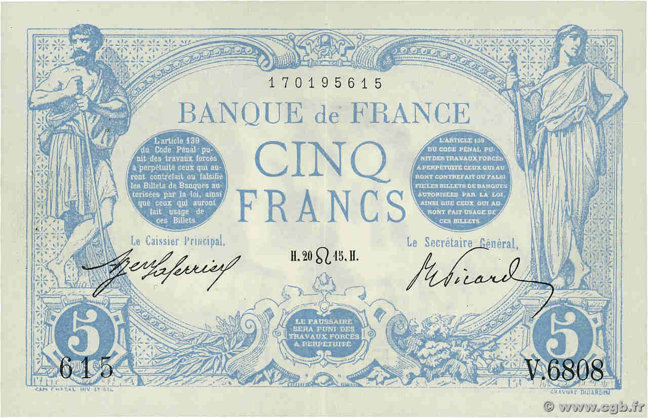 5 Francs BLEU FRANCE  1915 F.02.29 XF