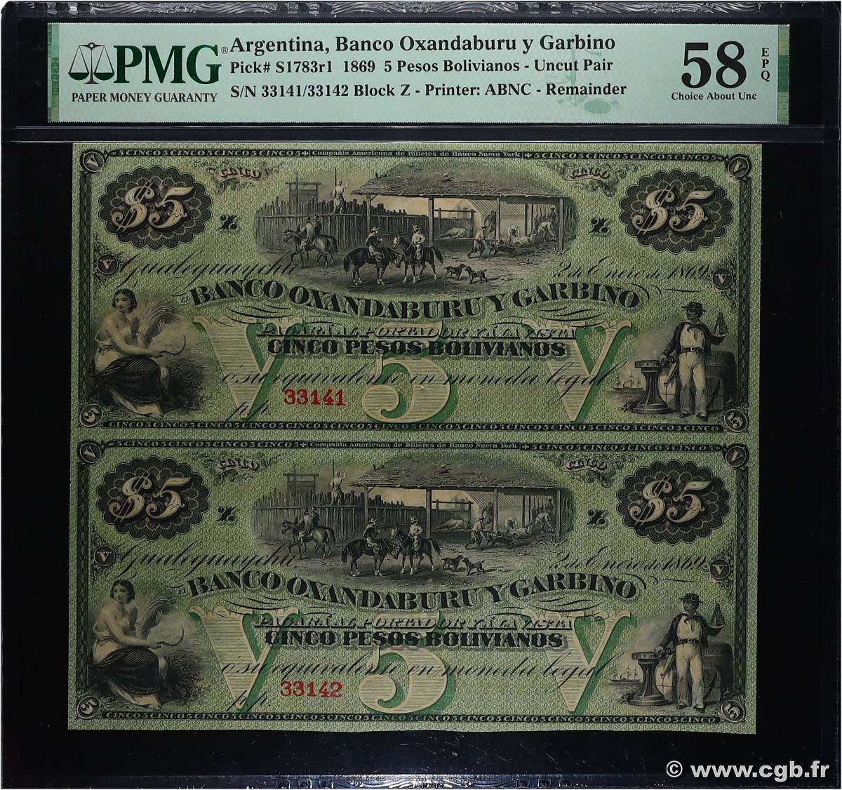 5 Pesos Bolivianos Planche ARGENTINA  1869 PS.1783r1 AU