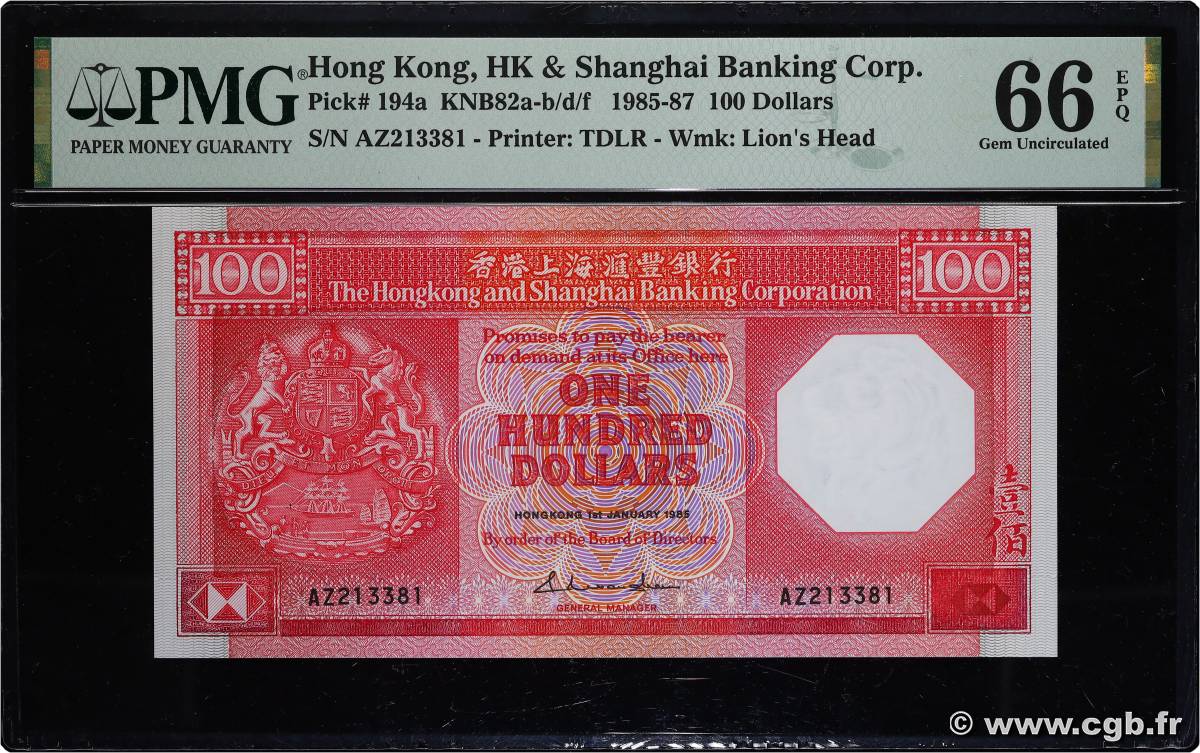 100 Dollars HONG KONG  1985 P.194a UNC