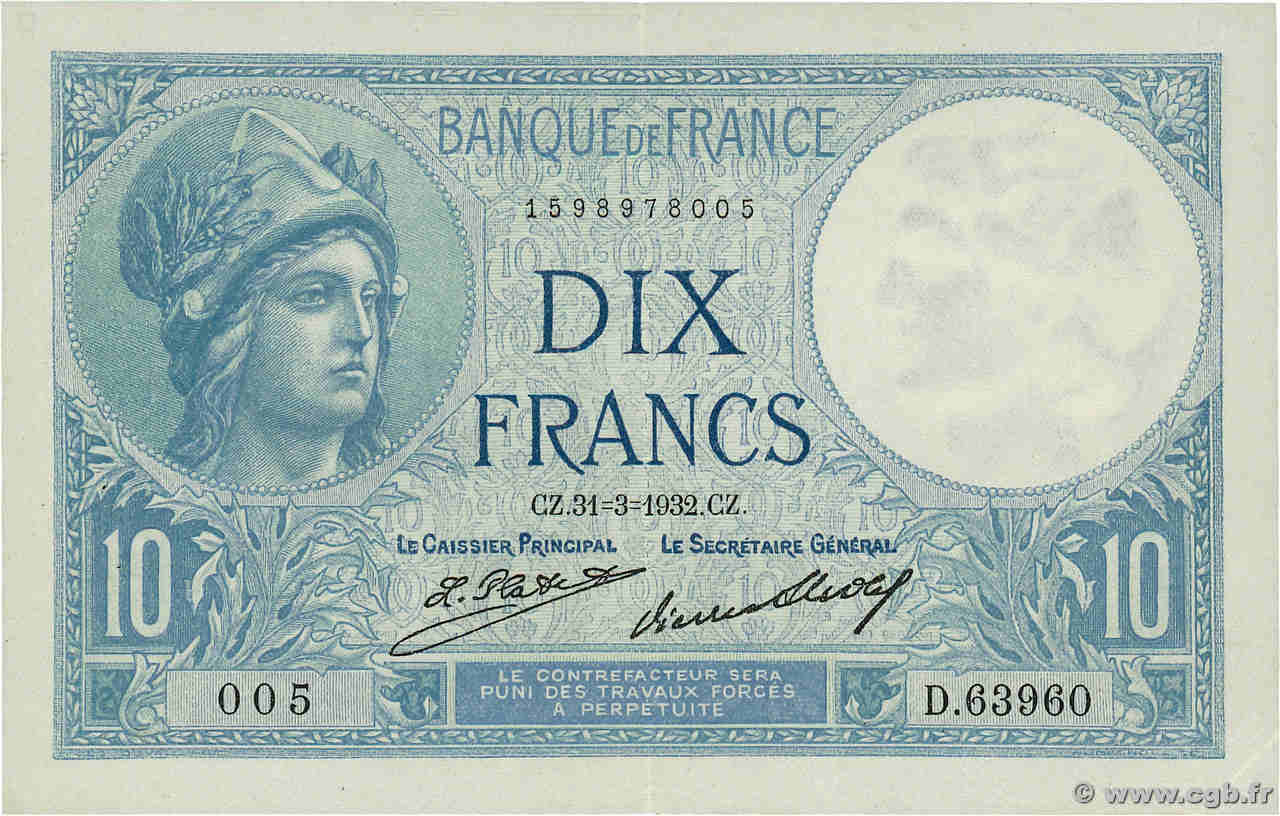 10 Francs MINERVE FRANCE  1932 F.06.16 XF+