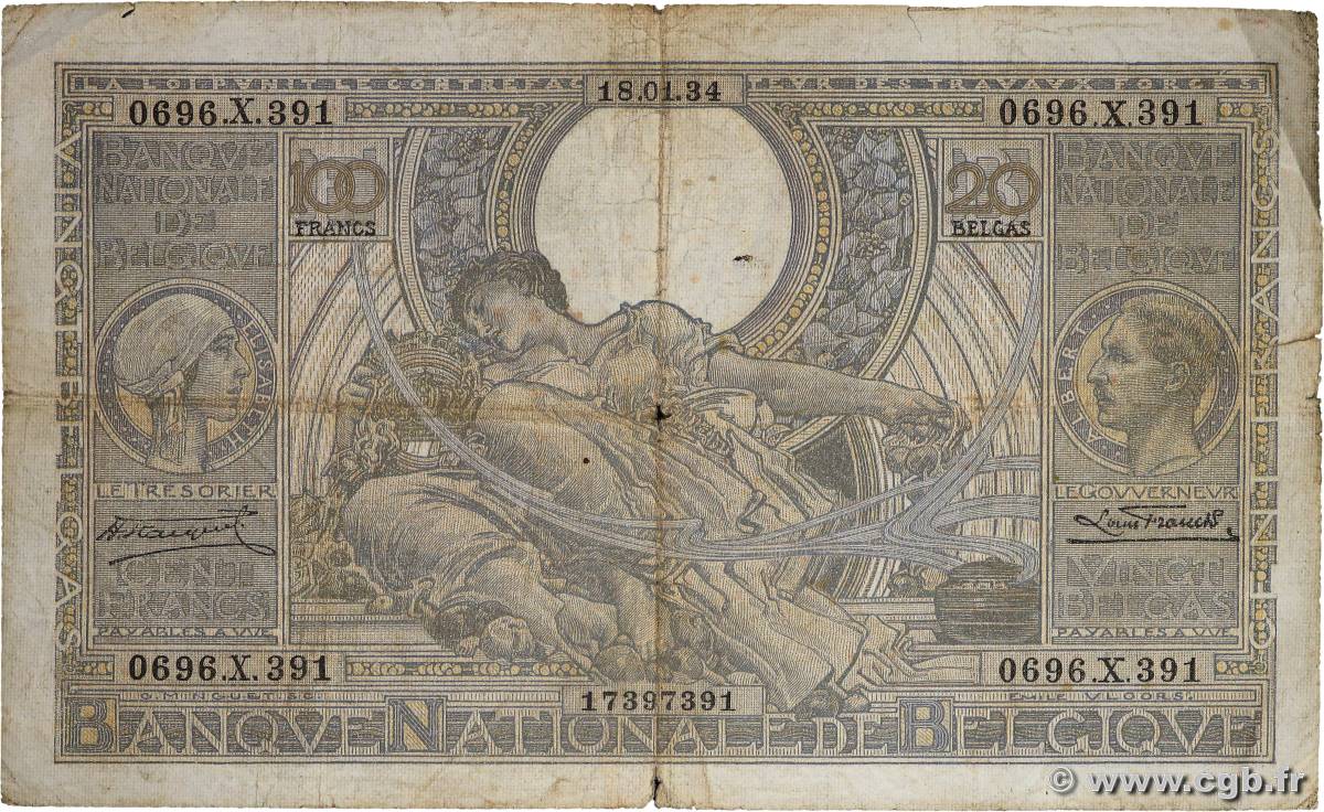 100 Francs - 20 Belgas BELGIUM  1934 P.107 F