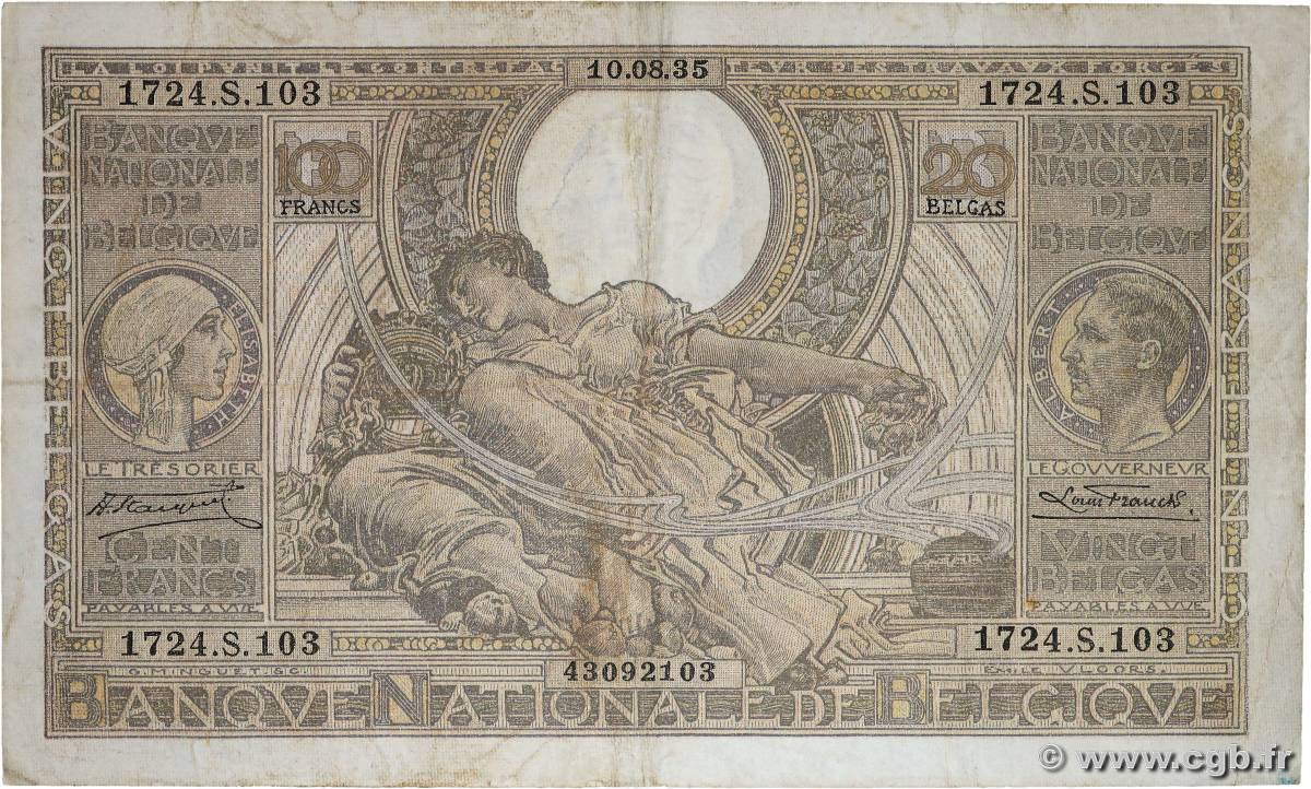 100 Francs - 20 Belgas BELGIUM  1935 P.107 F+