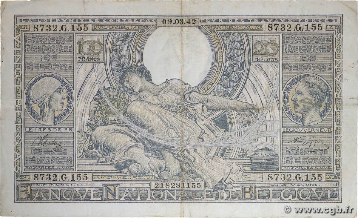 100 Francs - 20 Belgas BELGIUM  1942 P.107 F+