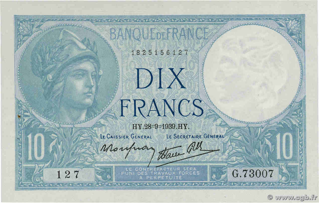 10 Francs MINERVE modifié FRANKREICH  1939 F.07.09 fST