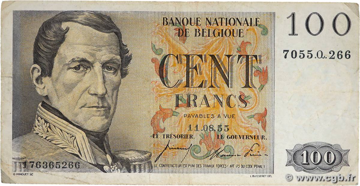 100 Francs BELGIEN  1955 P.129b S