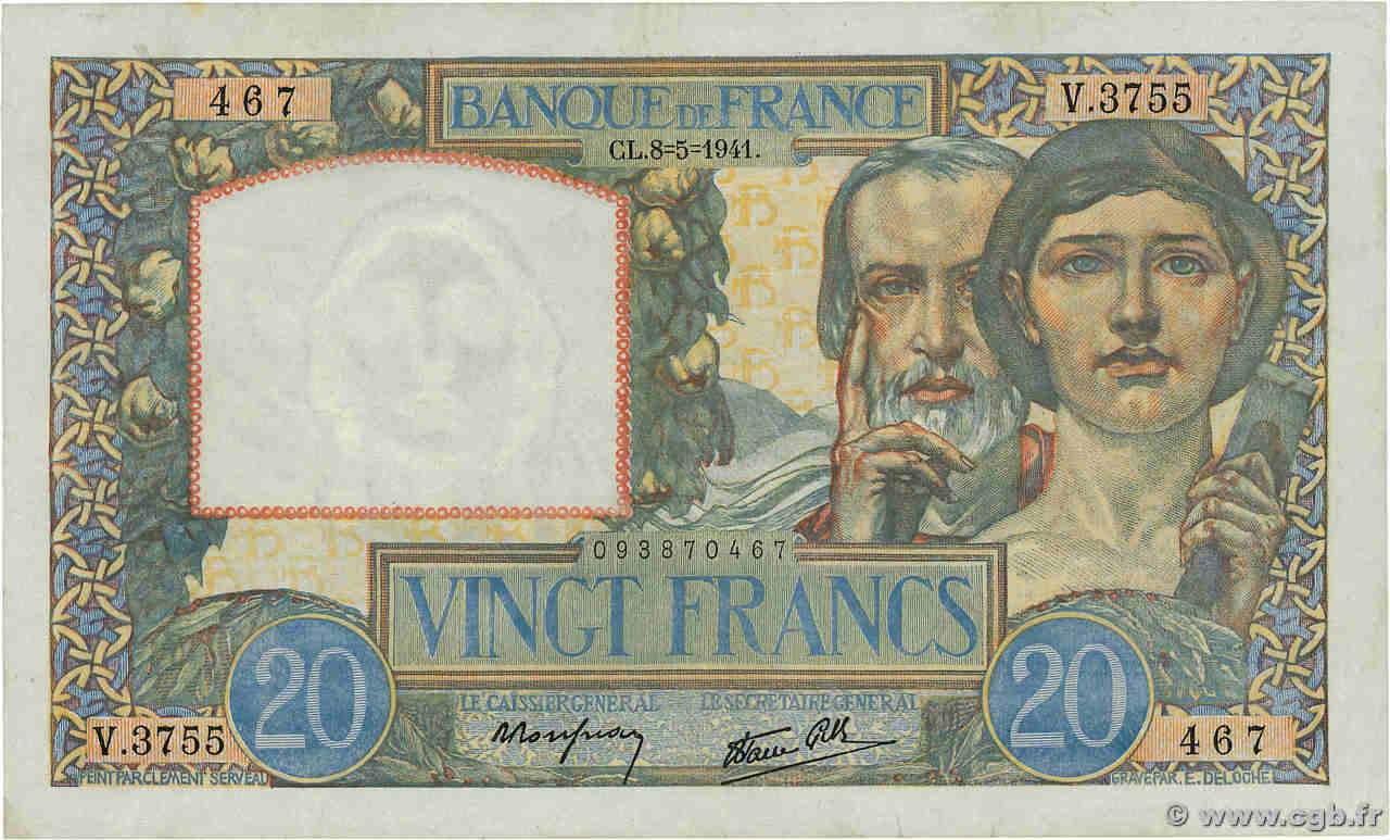 20 Francs TRAVAIL ET SCIENCE FRANCE  1941 F.12.14 XF-