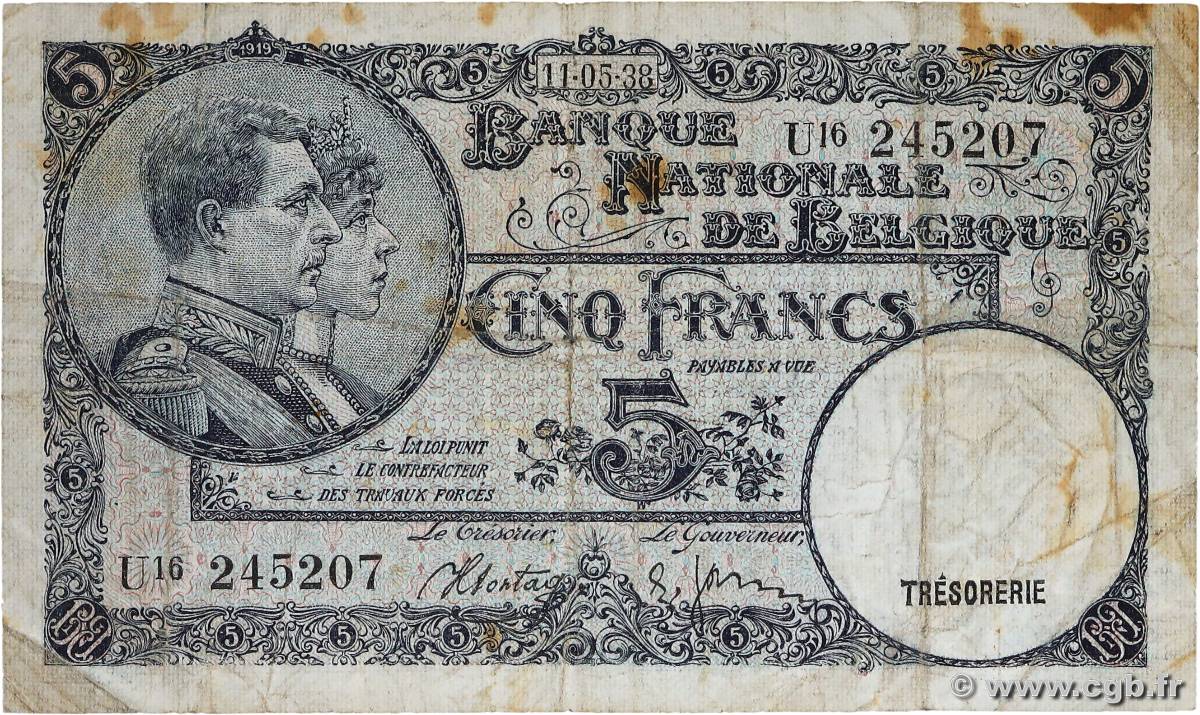 5 Francs BELGIUM  1938 P.108a F