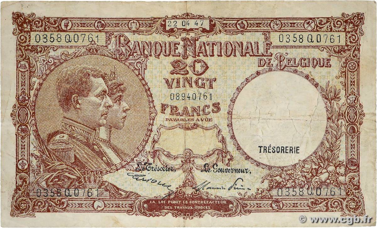 20 Francs BELGIUM  1947 P.111 F