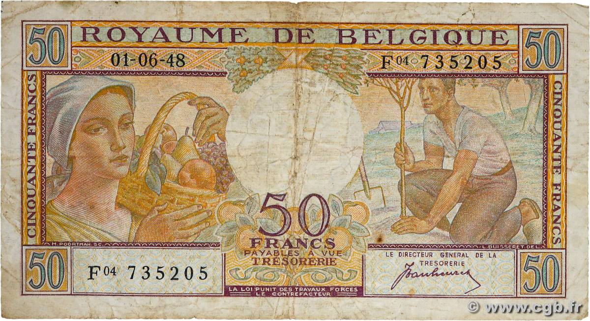 50 Francs BELGIEN  1948 P.133a fS