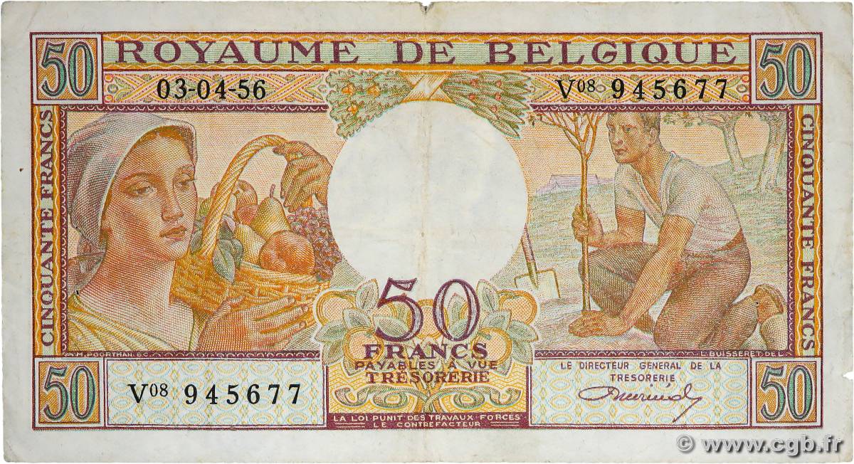 50 Francs BELGIQUE  1956 P.133b TB