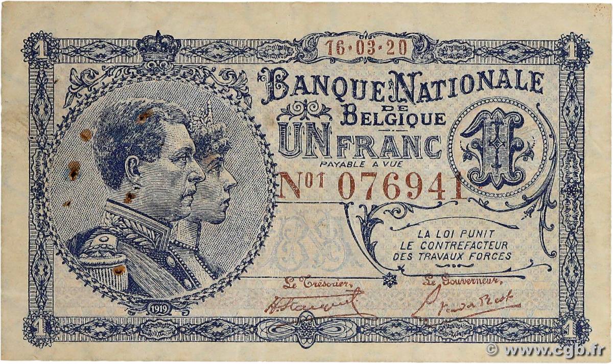 1 Franc BELGIUM  1920 P.092 VF