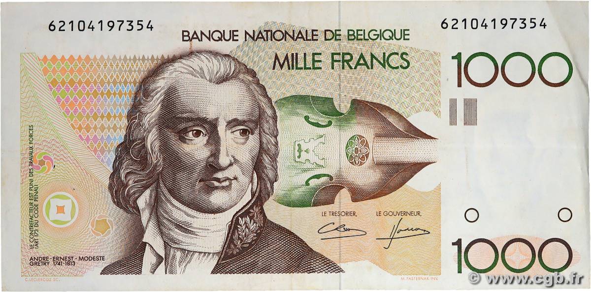 1000 Francs BELGIO  1980 P.144a BB