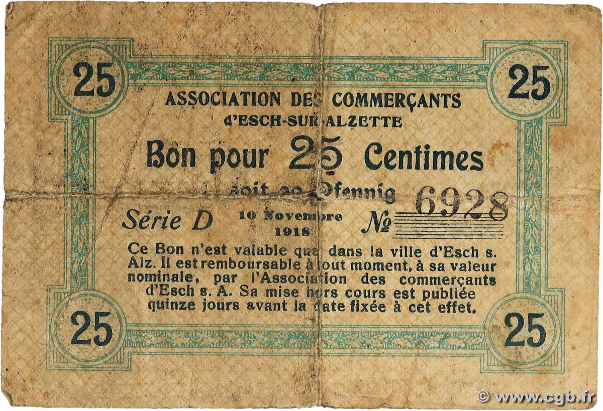 25 Centimes LUXEMBOURG Esch-sur-Alzette 1918 P.-- B+