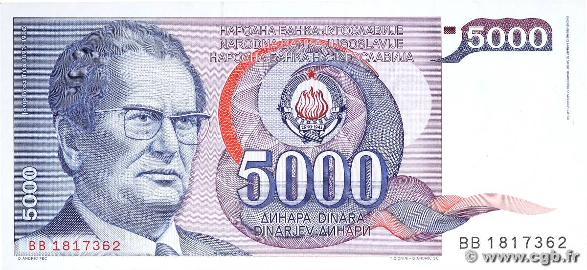 5000 Dinara JUGOSLAWIEN  1985 P.093a fST+