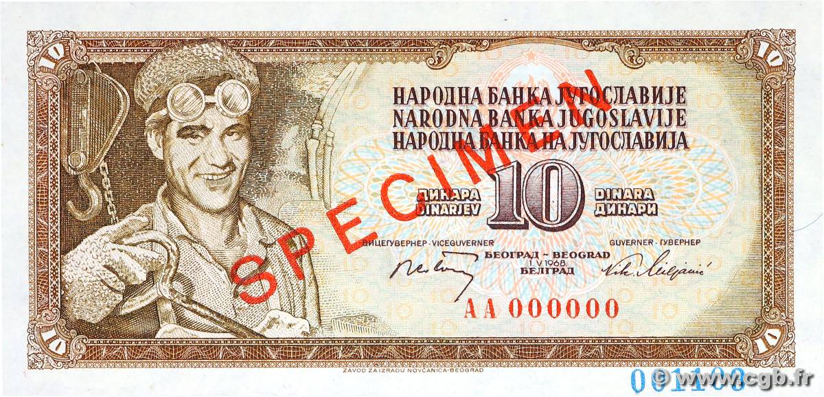 10 Dinara Spécimen YUGOSLAVIA  1968 P.082s FDC