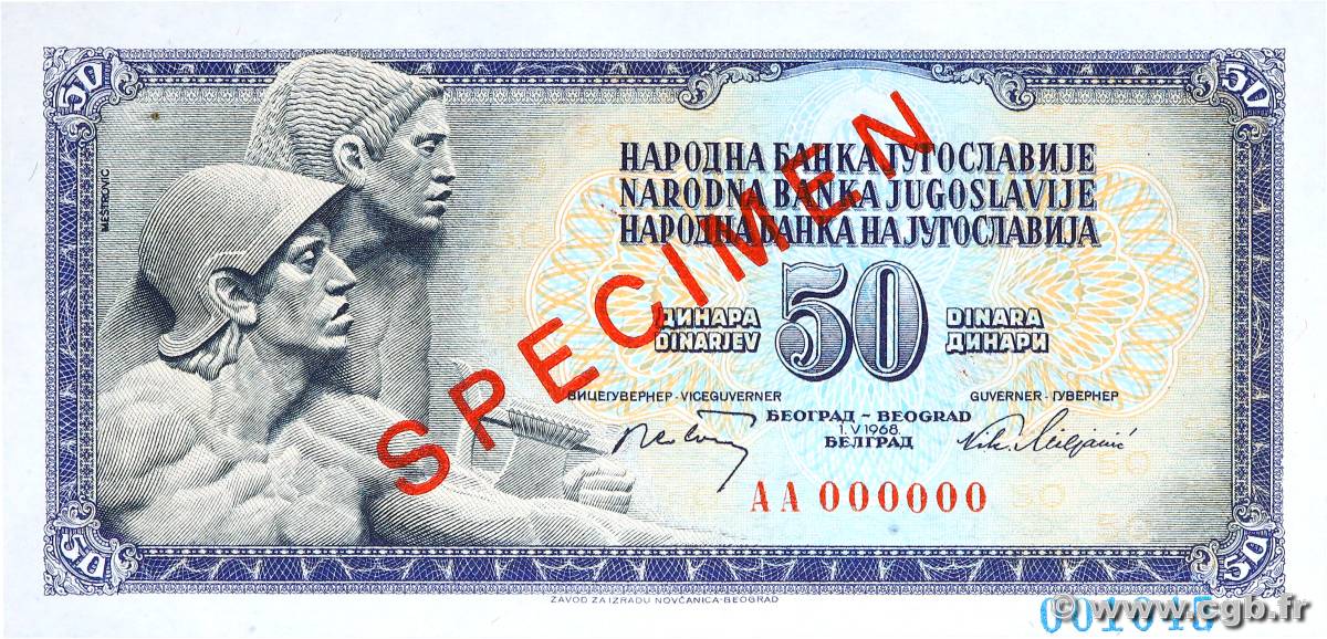 50 Dinara Spécimen YUGOSLAVIA  1968 P.083s UNC