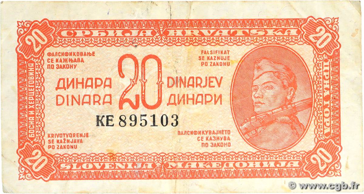 20 Dinara YUGOSLAVIA  1944 P.051a F+