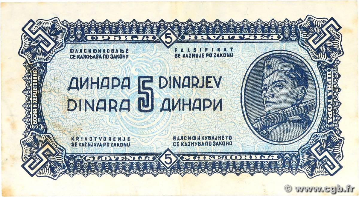 5 Dinara YUGOSLAVIA  1944 P.049a SPL