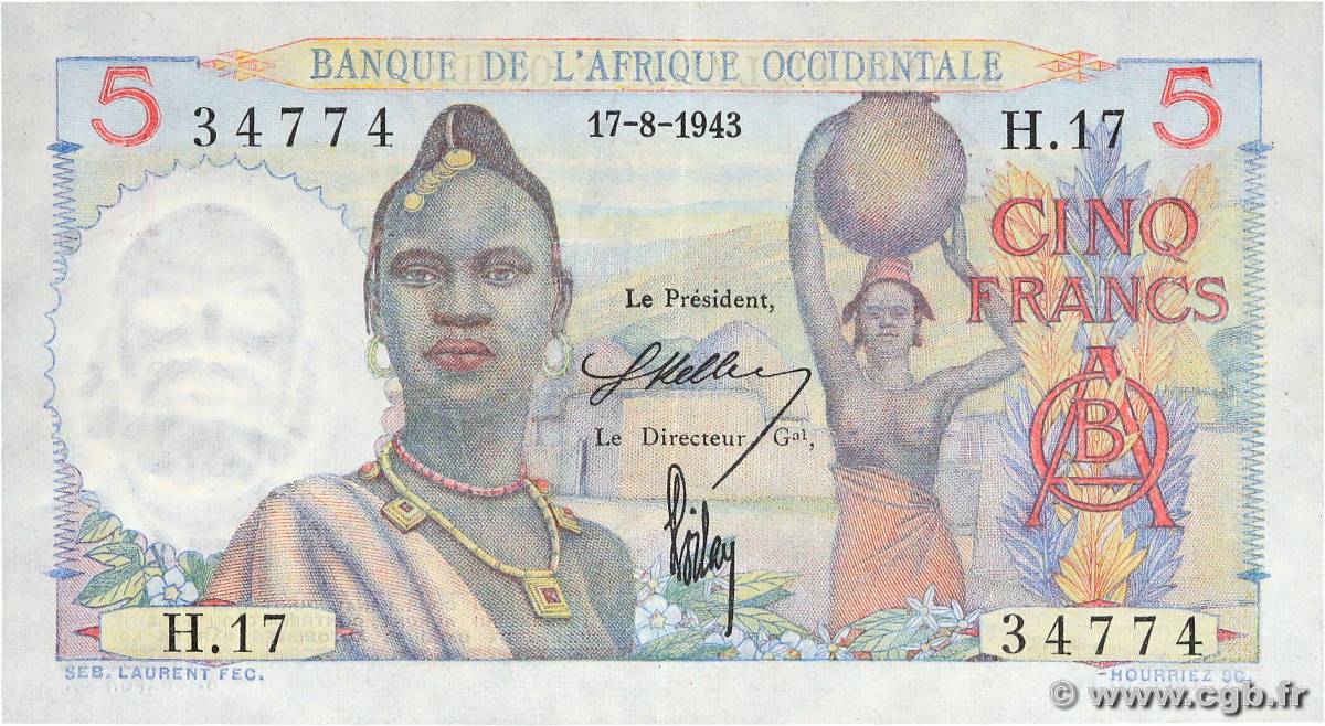 5 Francs FRENCH WEST AFRICA  1943 P.36 fVZ