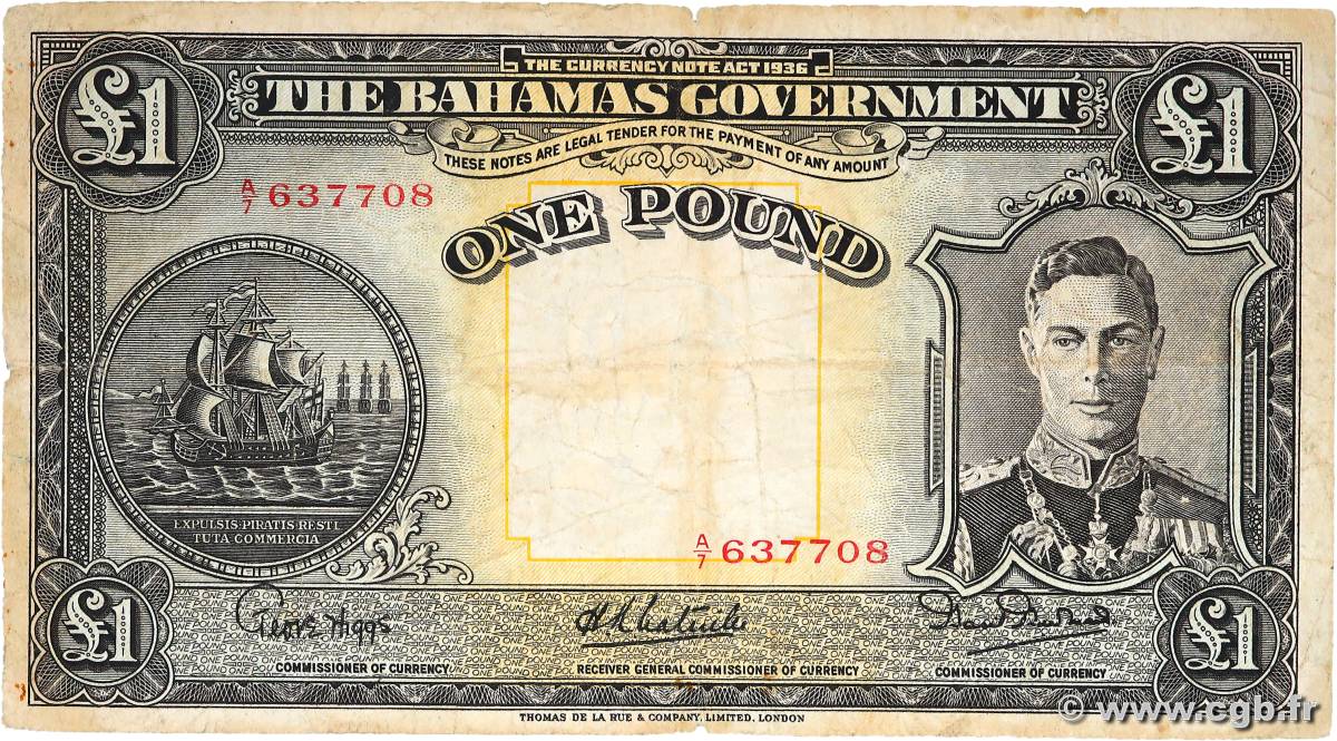 1 Pound BAHAMAS  1936 P.11e B+