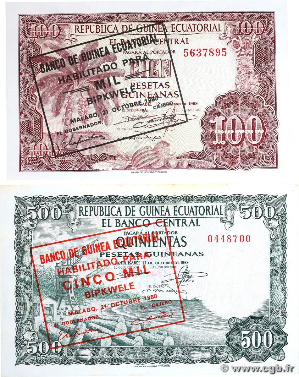 100 et 500 Bipkwele Lot ÄQUATORIALGUINEA  1980 P.18 et 19 fST+