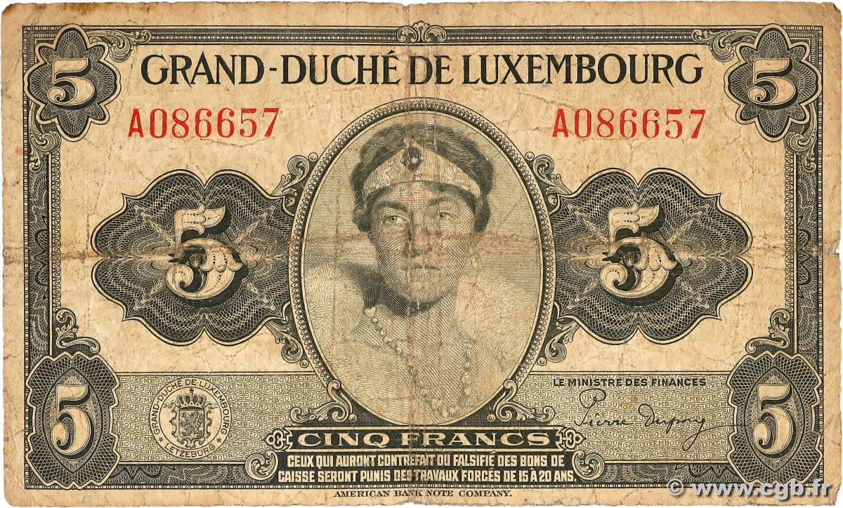 5 Francs LUXEMBOURG  1944 P.43b B
